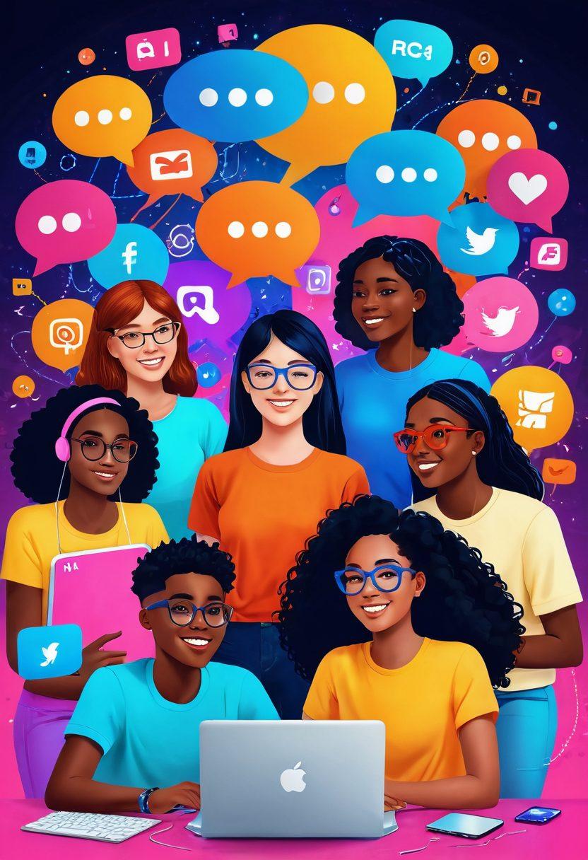 A vibrant illustration of diverse teenagers collaborating online, surrounded by digital symbols of connection like chat bubbles and social media icons. The scene captures their enthusiasm and creativity, displaying screens filled with empowering messages and community achievements. Bright colors and an energetic atmosphere emphasize the theme of empowerment and teamwork. digital art. vibrant colors. 3D.