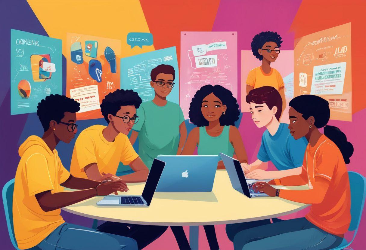 A vibrant illustration of a diverse group of teenagers sitting at a round table surrounded by laptops, creatively engaged in blogging and digital advocacy activities. The background features inspirational quotes on walls and colorful posters symbolizing activism. One teen is presenting ideas with a digital tablet while others enthusiastically discuss, conveying a sense of collaboration and empowerment. Bright and uplifting colors to reflect a positive atmosphere. vector art. vibrant colors.