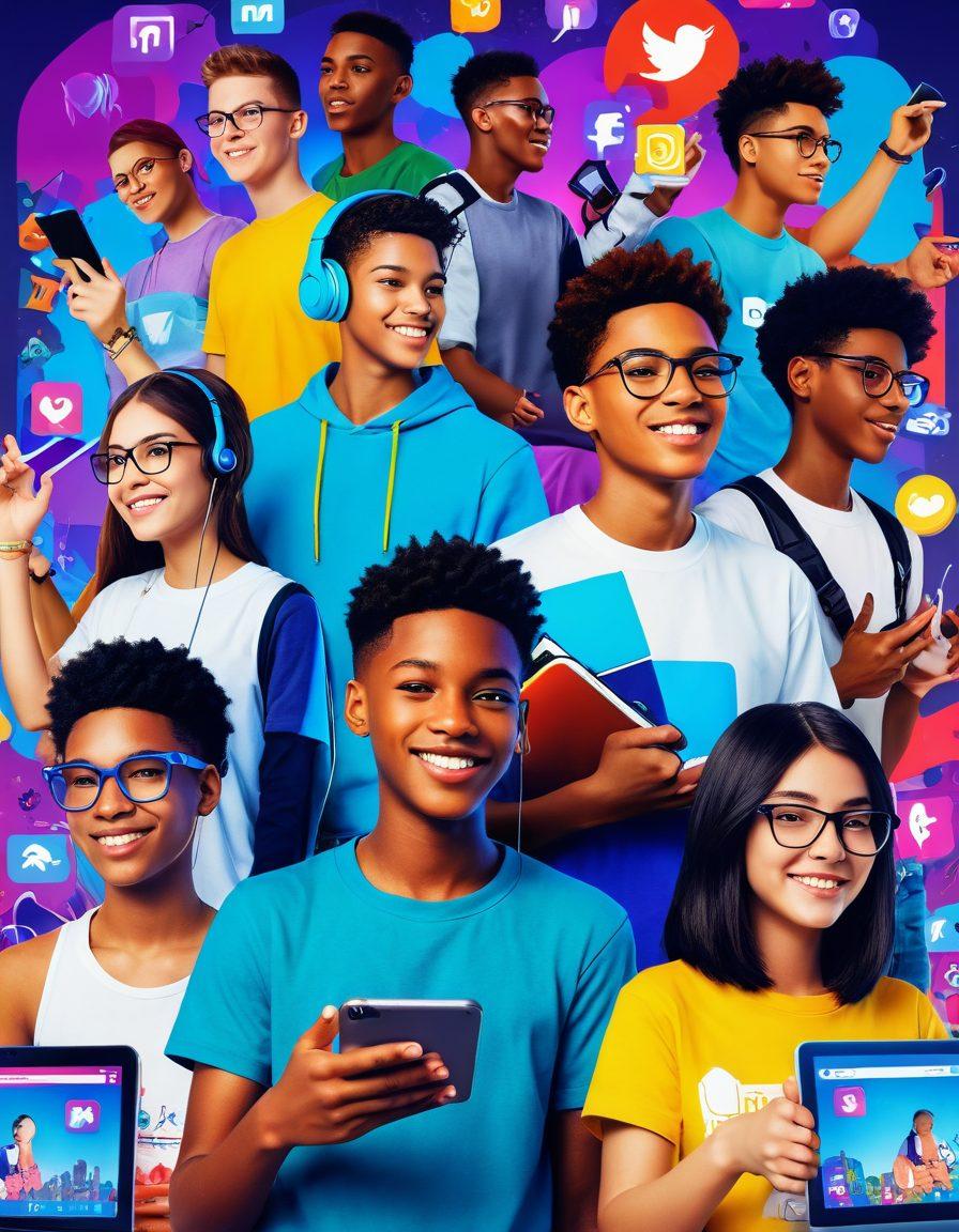 A dynamic scene featuring a diverse group of teenagers engaging with technology, surrounded by vibrant icons of social media, gaming, and online communities. The background showcases a blend of digital landscapes, symbolizing the interconnectedness of youth culture. Each teen embodies unique styles and interests, promoting inclusivity and empowerment. Bright colors and animated expressions convey the excitement of navigating the digital world. super-realistic. vibrant colors. 3D.